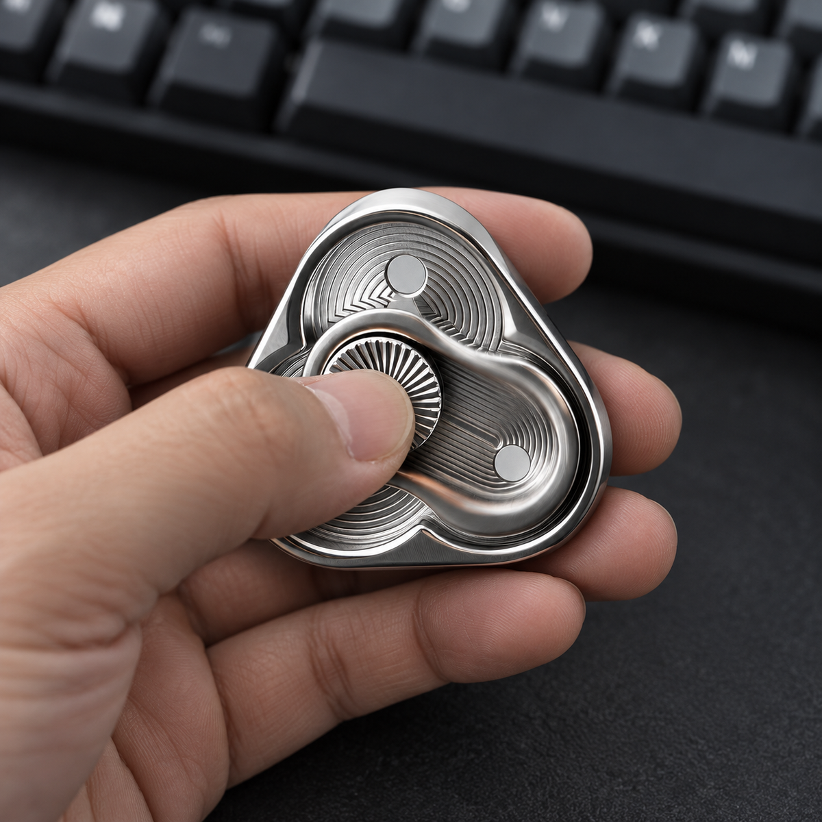 Silver LHAPTIC TriArc Magnetic Slider held in an adult hand for scale
