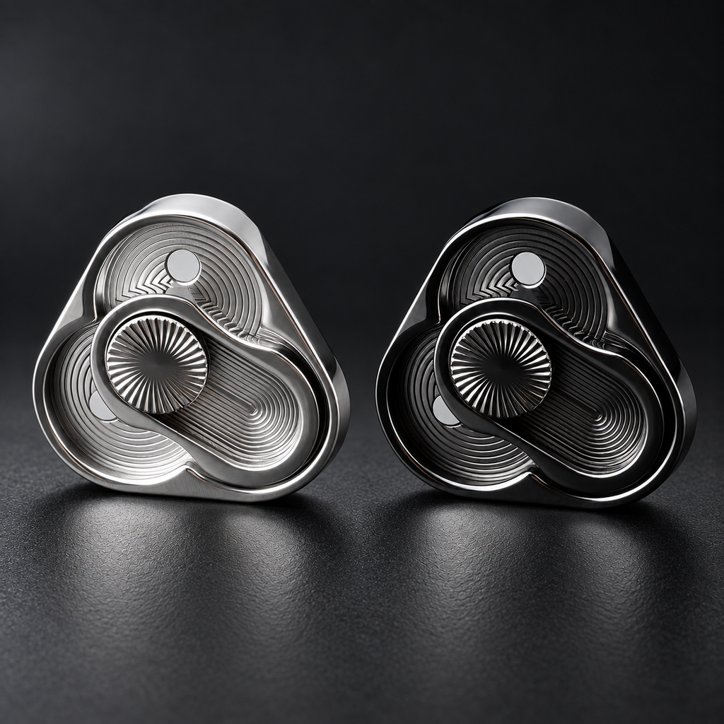 LHAPTIC TriArc Magnetic Slider in Silver and Black on a dark surface
