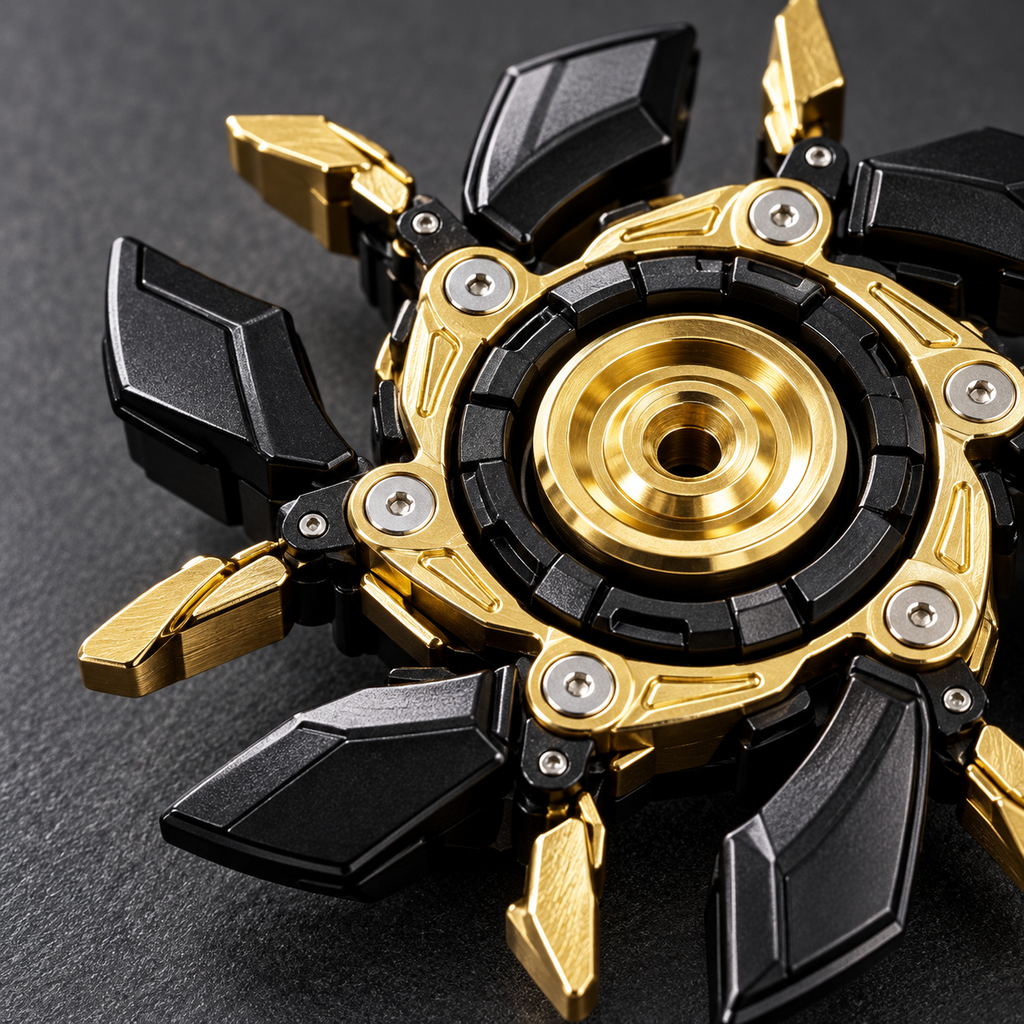 LHAPTIC RotorShell black and gold mechanical spinner with outer panels unfolded