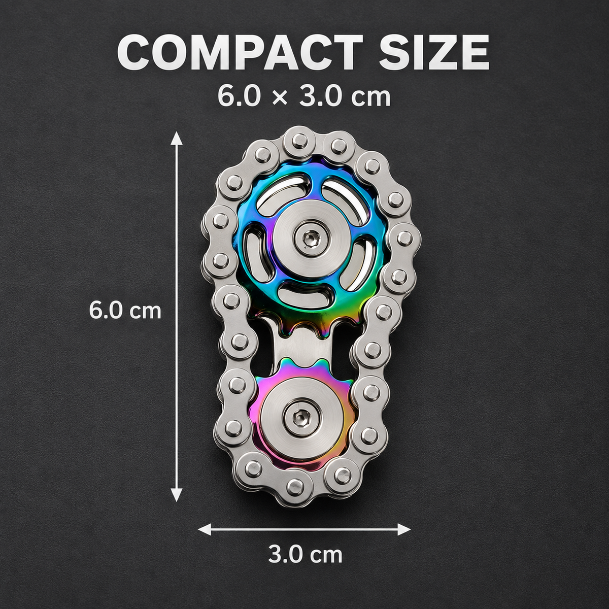 Rainbow LHAPTIC LinkDrive spinner showing 6 cm by 3 cm dimensions
