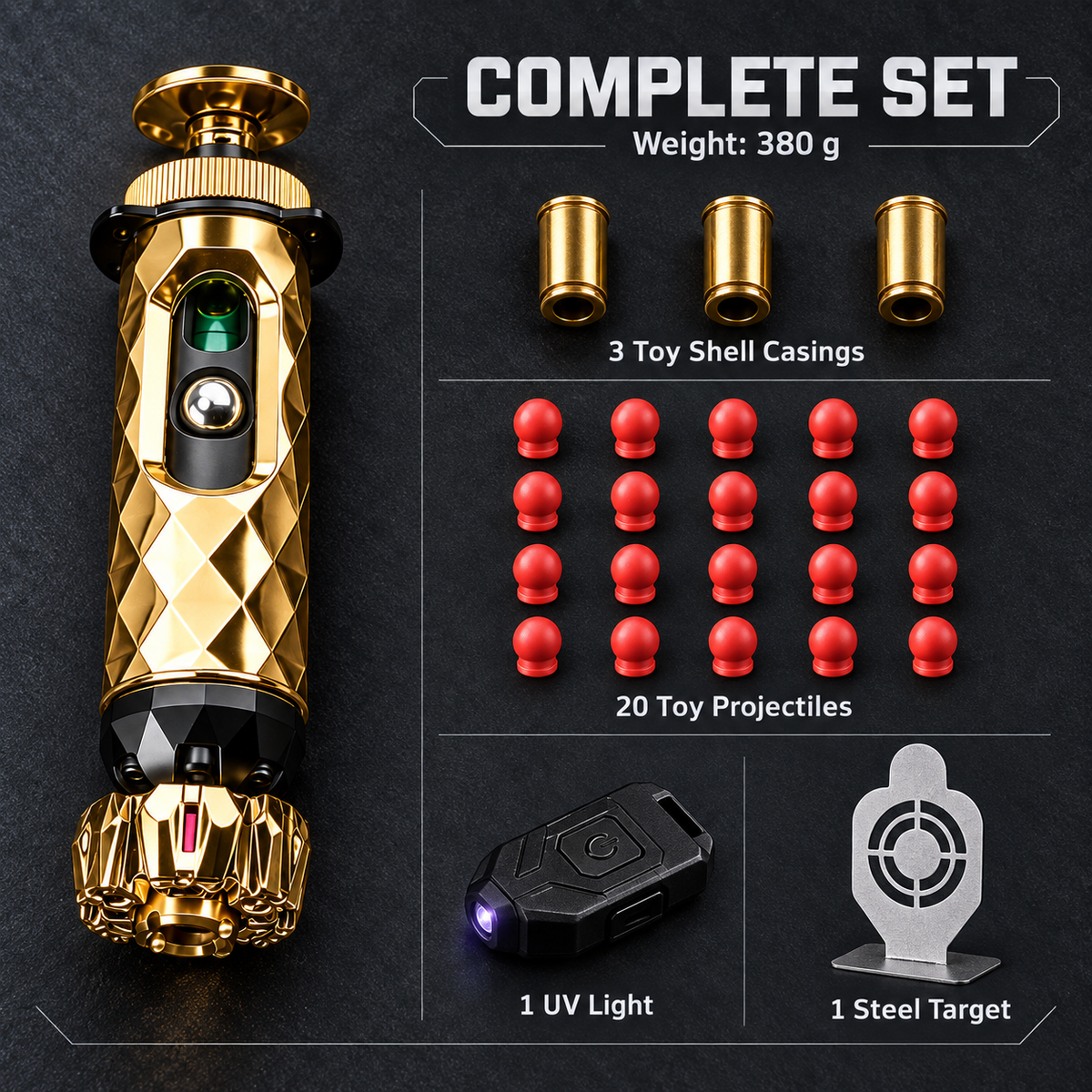 LHAPTIC FacetCore complete set with toy shells, projectiles, UV light, and steel target