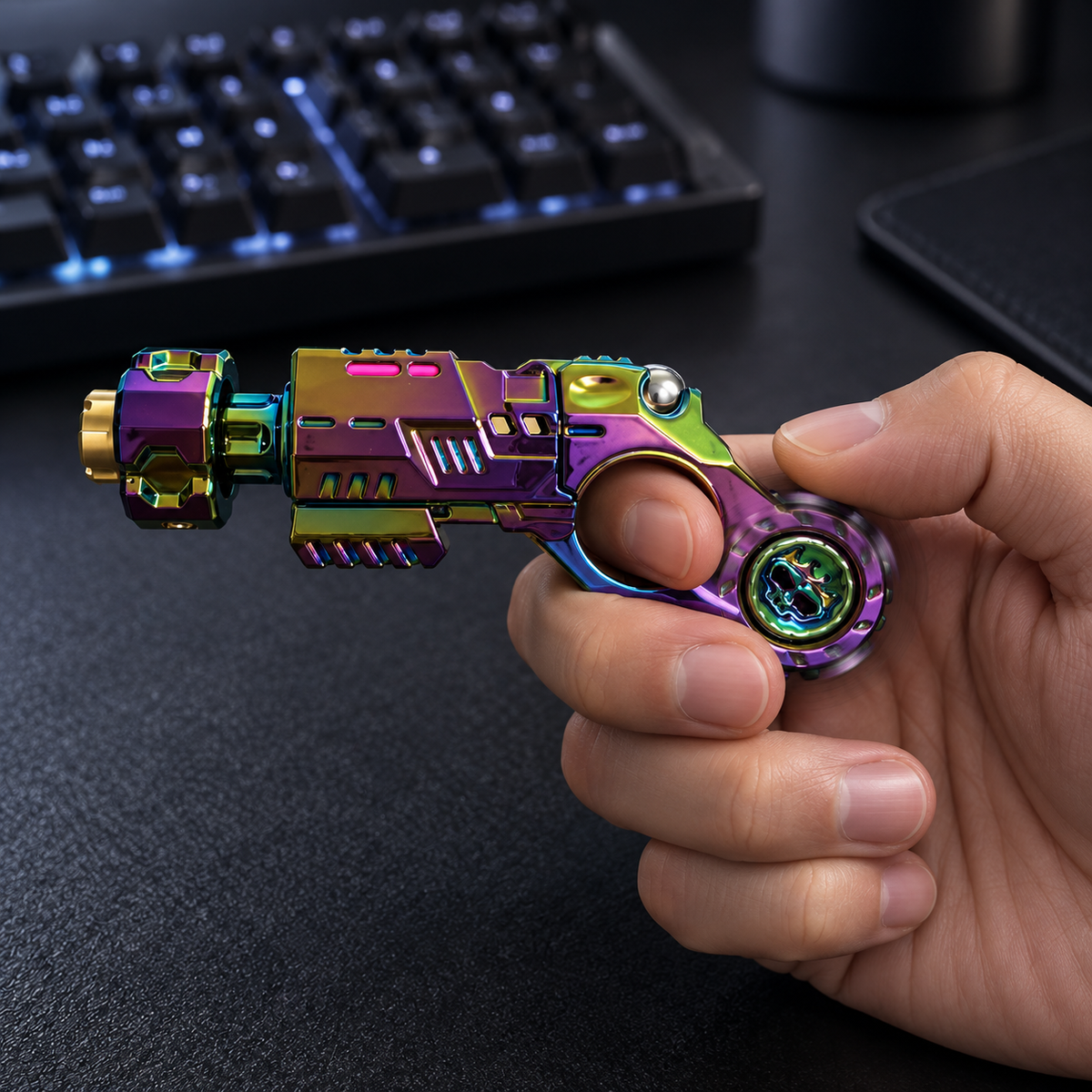 Multicolor LHAPTIC Arcwheel held with the integrated finger ring