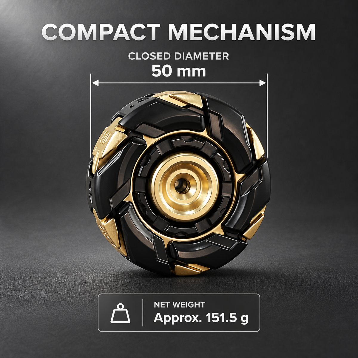 LHAPTIC RotorShell black and gold spinner showing 50 mm diameter and 151.5 g weight