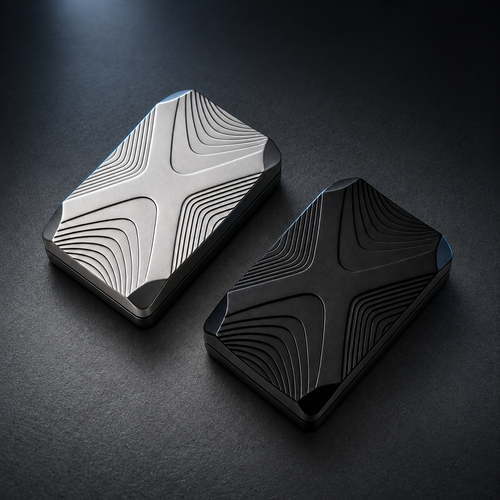 Silver and Black LHAPTIC Crossline Magnetic Sliders on a dark surface